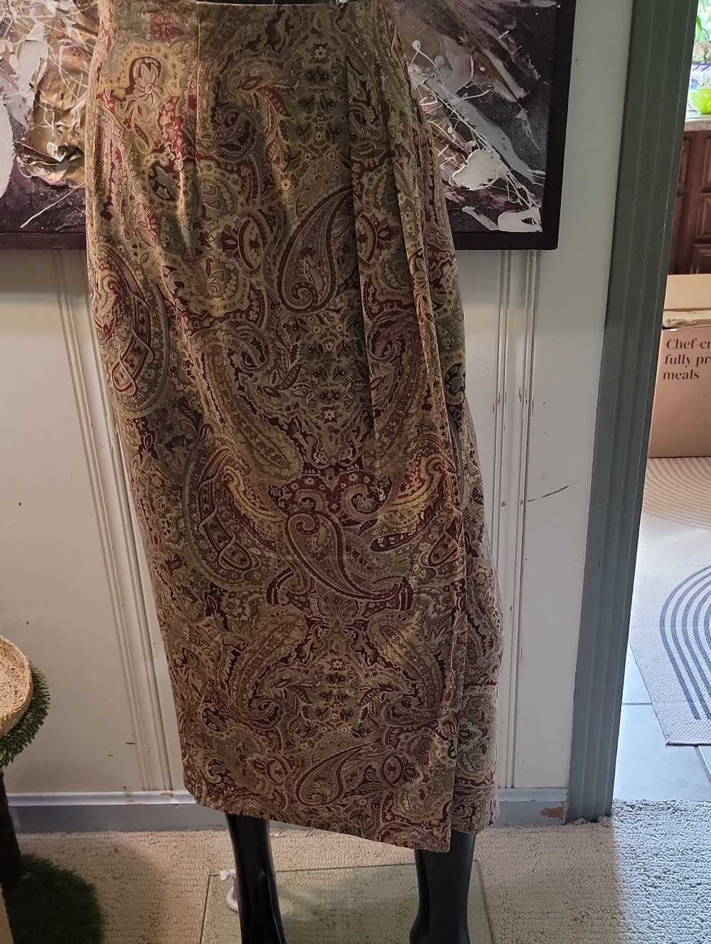 Liz Claiborne Paisley Midi Skirt in Olive and Burgundy
